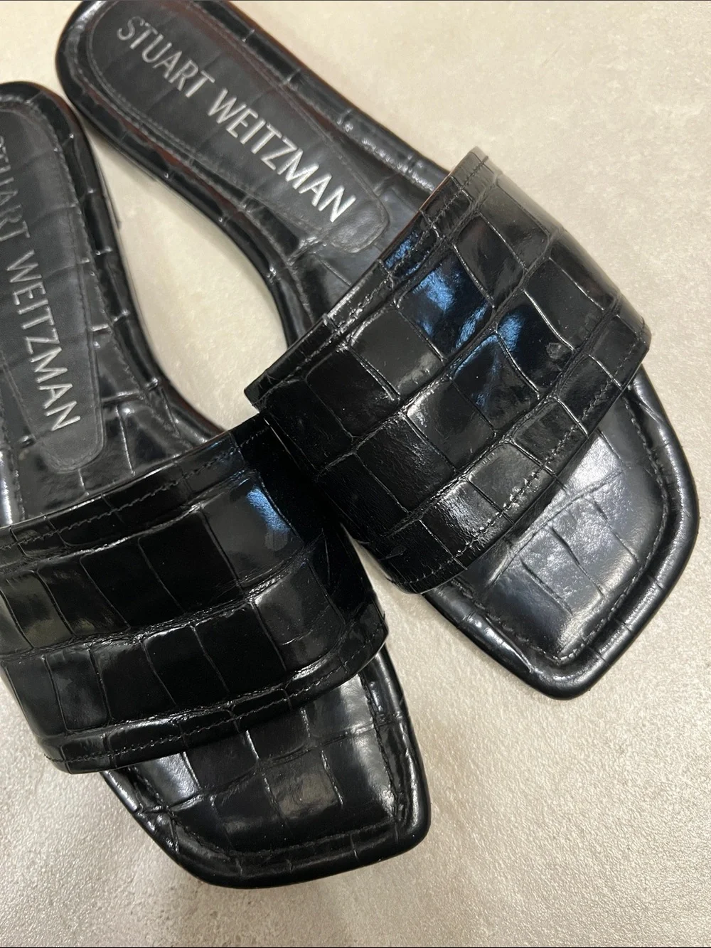 Stuart Weitzman Black Croc-Embossed Slide Mules - Picture 3 of 3